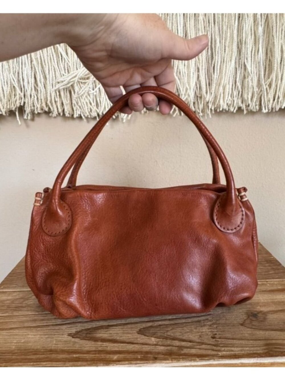 Genten Cognac Brown Pebbled Leather Double Top Handle East West Small Hobo Bag